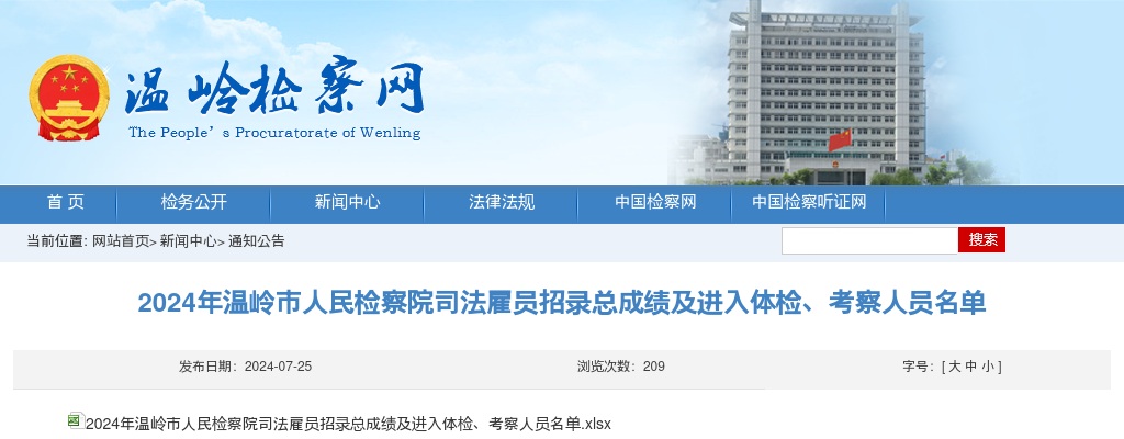 2024年温岭市人民检察院司法雇员招录总成绩及进入体检、考察名单 图片